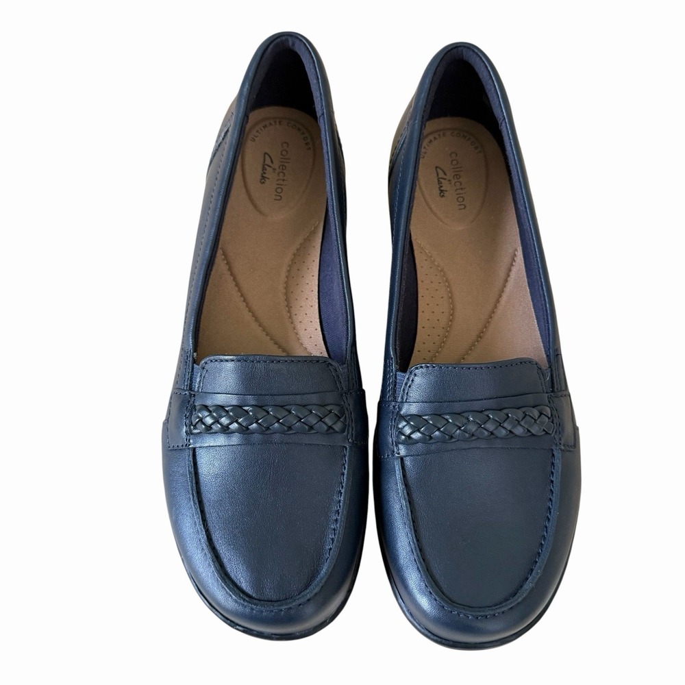 Clarks Navy Leather Loafers Slip-On Ultimate Comfort Collection Women's US 9.5